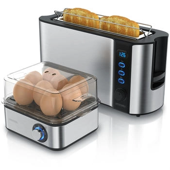 Arendo Frühstücks-Set (2-tlg), 2-Scheiben Langschlitz Toaster, 8er Eierkocher, Silber