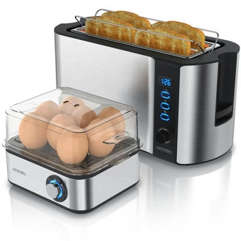 Arendo Frühstücks-Set (2-tlg), 4-Scheiben Langschlitz Toaster, 8er Eierkocher, Silber