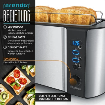 Arendo Frühstücks-Set (2-tlg), 4-Scheiben Langschlitz Toaster, 8er Eierkocher, Silber – Arendo Frühstücks-Set mit Langschlitz Toaster und Eierkocher für perfekten Genuss