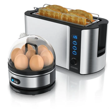 Arendo Frühstücks-Set (2-tlg), 4-Scheiben Langschlitz Toaster, 7er Eierkocher, Silber