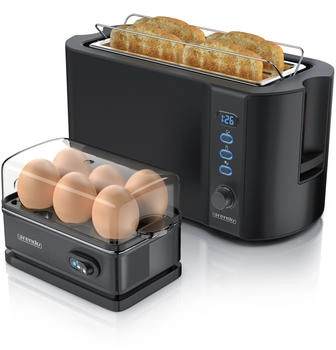 Arendo Fr&uuml;hst&uuml;cks-Set 2-tlg ( 4-Scheiben Langschlitz Toaster/ 6er Eierkocher schwarz) 306004