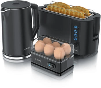 Arendo Fr&uuml;hst&uuml;cks-Set Wasserkocher 1,5l 4-Scheiben Toaster 6er Eierkocher Schwarz