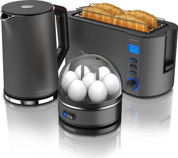 Arendo Frühstücks-Set (3-tlg) Wasserkocher 1,5l 4-Scheiben Toaster 7er Eierkocher Cool Grey