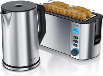 Arendo Fr&uuml;hst&uuml;cksset 2-teilig 4-Scheiben Langschlitztoaster MANHA + Edelstahl Wasserkocher 1,5l Silber