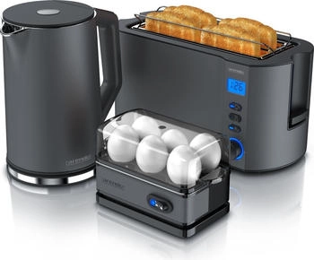 Arendo Fr&uuml;hst&uuml;cks-Set (3-tlg) Wasserkocher 1,5l 4-Scheiben Toaster 6er Eierkocher Cool Grey