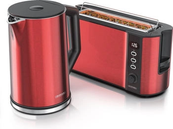 Arendo Fr&uuml;hst&uuml;cks-Set Wasserkocher 1,5l & 2-Scheiben Langschlitz Toaster Edelstahl Rot (2-tlg)