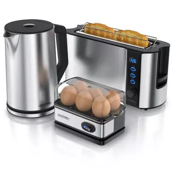 Arendo Frühstücksset 3-teilig 2-Scheiben Toaster 6er Eierkocher Wasserkocher 1,5L Silber