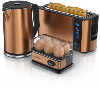 Arendo 3-teiliges Frühstücks-Set 2-Scheiben Toaster 6er Eierkocher Wasserkocher 1,5 Liter Kupfer