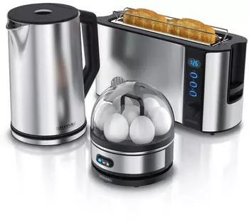 Arendo Frühstücks-Set 1,5L Wasserkocher 2-Scheiben Langschlitz Toaster 7er Eierkocher Silber