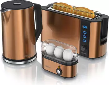 Arendo Fr&uuml;hst&uuml;cksset Wasserkocher 1,5l 2-Scheiben Toaster Langschlitz 3er Eierkocher Kupfer