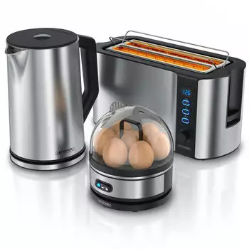 Arendo Frühstücks-Set (3-tlg) Wasserkocher 1,5l 4-Scheiben Toaster 7er Eierkocher Silber