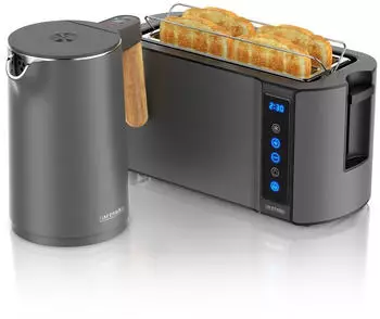 Arendo Fr&uuml;hst&uuml;cks-Set Wasserkocher mit Temperatureinstellung 1,5l 4 Scheiben Toaster Touch Cool Grey