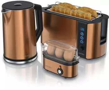 Arendo 3-teiliges Frühstücks-Set 4 Scheiben Langschlitztoaster Wasserkocher 1,5l 3er Eierkocher Kupfer