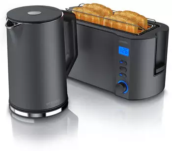 Arendo 2-teiliges Frühstücks-Set Langschlitztoaster 4 Scheiben & Edelstahl Wasserkocher 1,5L Grau