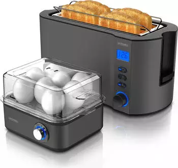 Arendo Fr&uuml;hst&uuml;cks-Set 8er Eierkocher + Langschlitz Toaster f&uuml;r 4 Scheiben Grau