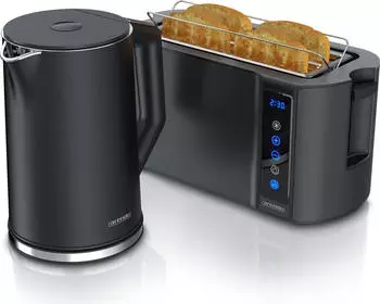 Arendo Fr&uuml;hst&uuml;cks-Set Wasserkocher mit Temperatureinstellung 1,5l 4 Scheiben Toaster Touch schwarz