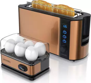 Arendo Fr&uuml;hst&uuml;cks-Set 2-teilig 6er Eierkocher SIXCOOK 2-Scheiben Langschlitz Toaster Kupfer