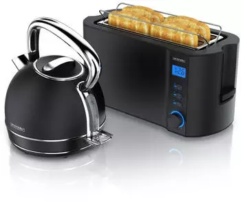 Arendo Fr&uuml;hst&uuml;cks-Set Wasserkocher mit Temperatureinstellung 1,7l 4 Scheiben Toaster Vintage schwarz