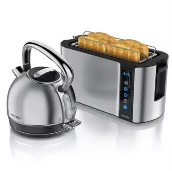 Arendo Fr&uuml;hst&uuml;cks-Set Wasserkocher mit Temperatureinstellung 1,7l 4 Scheiben Toaster Touch silber
