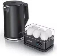 Arendo Fr&uuml;hst&uuml;cks-Set Edelstahl Wasserkocher 1,5l, 6er Eierkocher, Schwarz