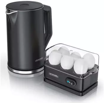 Arendo Frühstücks-Set Edelstahl Wasserkocher 1,5l 6er Eierkocher Schwarz