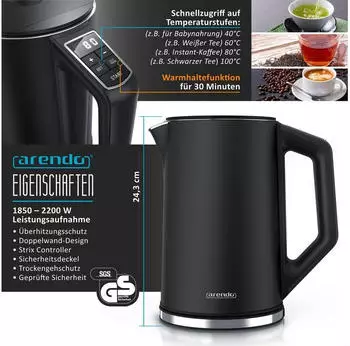 Arendo Frühstücks-Set Edelstahl Wasserkocher 1,5l 6er Eierkocher Schwarz – Arendo Frühstücks-Set – Wasserkocher und Eierkocher in einem System