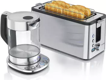 Arendo Fr&uuml;hst&uuml;cks-Set Wasserkocher Glas mit Temperatureinstellung 1,5l 4 Scheiben Toaster silber