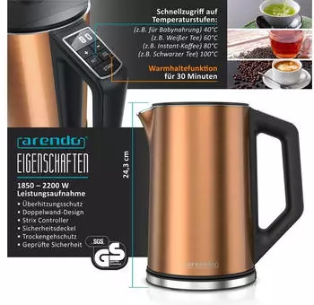 Arendo Frühstücksset ELEGANT Wasserkocher + Eierkocher Edelstahl kupfer – Arendo Frühstücksset ELEGANT für den perfekten Start