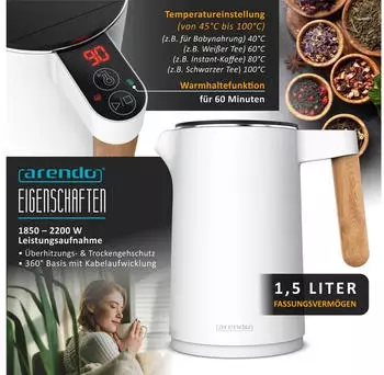 Arendo Vorteils-Set Toaster 2 Scheiben 800W & Wasserkocher 2200W 1,5L Edelstahl – Arendo Vorteils-Set mit Toaster und Wasserkocher für das Frühstück