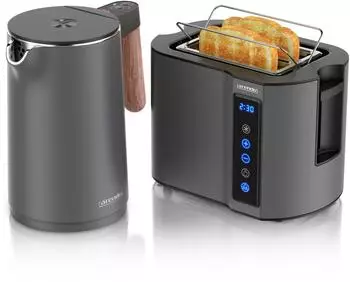 Arendo Set Toaster 2 Scheiben 800W LED Display Wasserkocher 2200W 1,5L Edelstahl