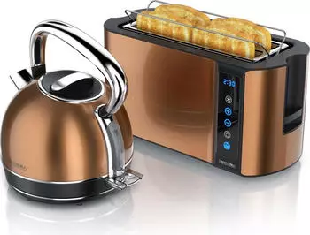 Arendo Fr&uuml;hst&uuml;cks-Set Wasserkocher mit Temperatureinstellung 1,7l 4 Scheiben Toaster Touch kupfer