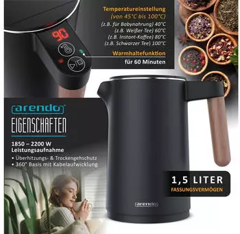 Arendo Set Toaster 4 Scheiben Display Wasserkocher 2200W 1,5L Edelstahl Schwarz – Arendo Frühstücksset mit Display und Warmhaltefunktion