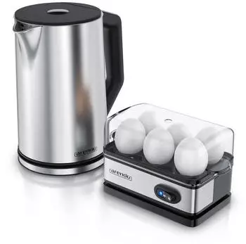 Arendo Fr&uuml;hst&uuml;cks-Set Wasserkocher 1,5 Liter 6er Eierkocher Silber