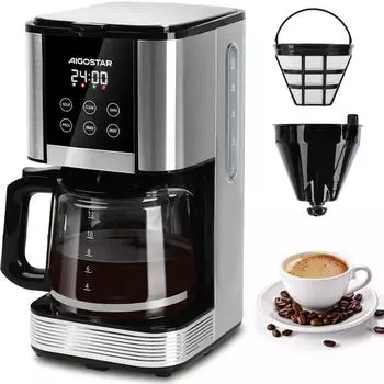 Aigostar Programmierbar Edelstahl Filterkaffeemaschine 24h 1,5L 1000W LCD-Display 14-Tassen