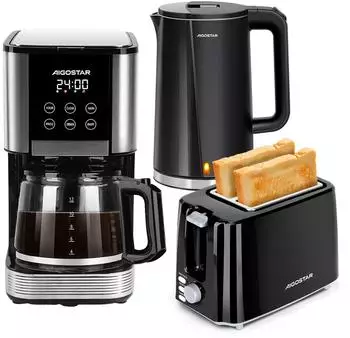 Aigostar Fr&uuml;hst&uuml;cks-Set 14-Tassen Filterkaffeemaschine/ Wasserkocher 1,7L/ 2-Scheiben Toaster