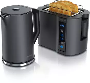 Arendo Fr&uuml;hst&uuml;cks-Set Wasserkocher mit Temperatureinstellung 1,5l Toaster 2 Scheiben Touch Cool Grey