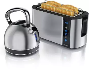 Arendo Vorteils-SET Wasserkocher Vintage + 4-Scheiben-Langschlitztoaster Silber