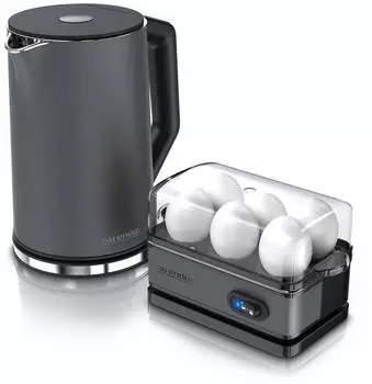 Arendo Fr&uuml;hst&uuml;cksset, 6er Eierkocher SIXCOOK, 1,5L Edelstahl Wasserkocher, Grau