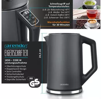 Arendo Frühstücksset, 6er Eierkocher SIXCOOK, 1,5L Edelstahl Wasserkocher, Grau – Arendo Frühstücksset mit Eierkocher und Wasserkocher