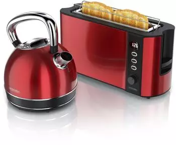 Arendo Fr&uuml;hst&uuml;cks-Set Wasserkocher 1,7l 2-Scheiben Langschlitz Toaster rot (2-tlg)