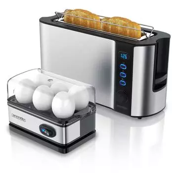 Arendo Fr&uuml;hst&uuml;cks Set 2-tlg 2-Scheiben Langschlitz Toaster + Eierkocher 6 Eier silber