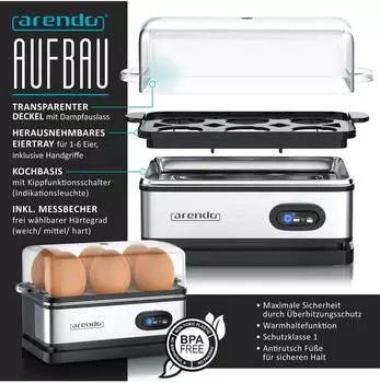 Arendo Frühstücks Set 2-tlg 2-Scheiben Langschlitz Toaster + Eierkocher 6 Eier silber – Praktische Bedienung mit Display und automatischer Abschaltung