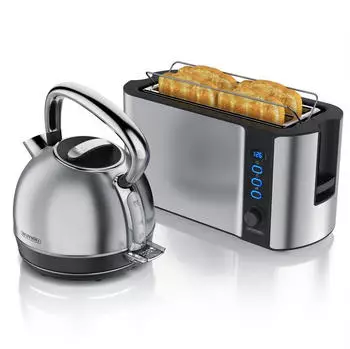 Arendo Fr&uuml;hst&uuml;cks-Set Wasserkocher mit Temperatureinstellung 1,7l 4 Scheiben Toaster silber
