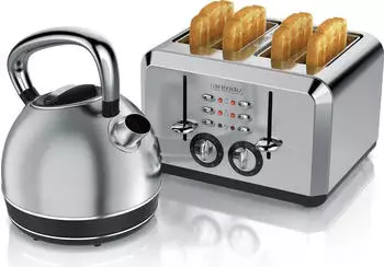 Arendo Frühstücks-Set Wasserkocher Edelstahl 1,7l Toaster 4 Scheiben silber