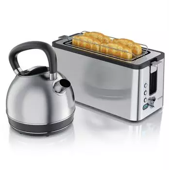 Arendo Fr&uuml;hst&uuml;cks-Set Retro Wasserkocher 1,5l & 4-Scheiben-Langschlitztoaster 2200W, silber (307415)