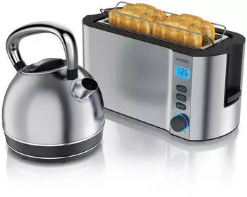 Arendo Frühstücks-Set Retro Wasserkocher 1,7l & 4-Scheiben-Langschlitztoaster 2200W, silber (307429)