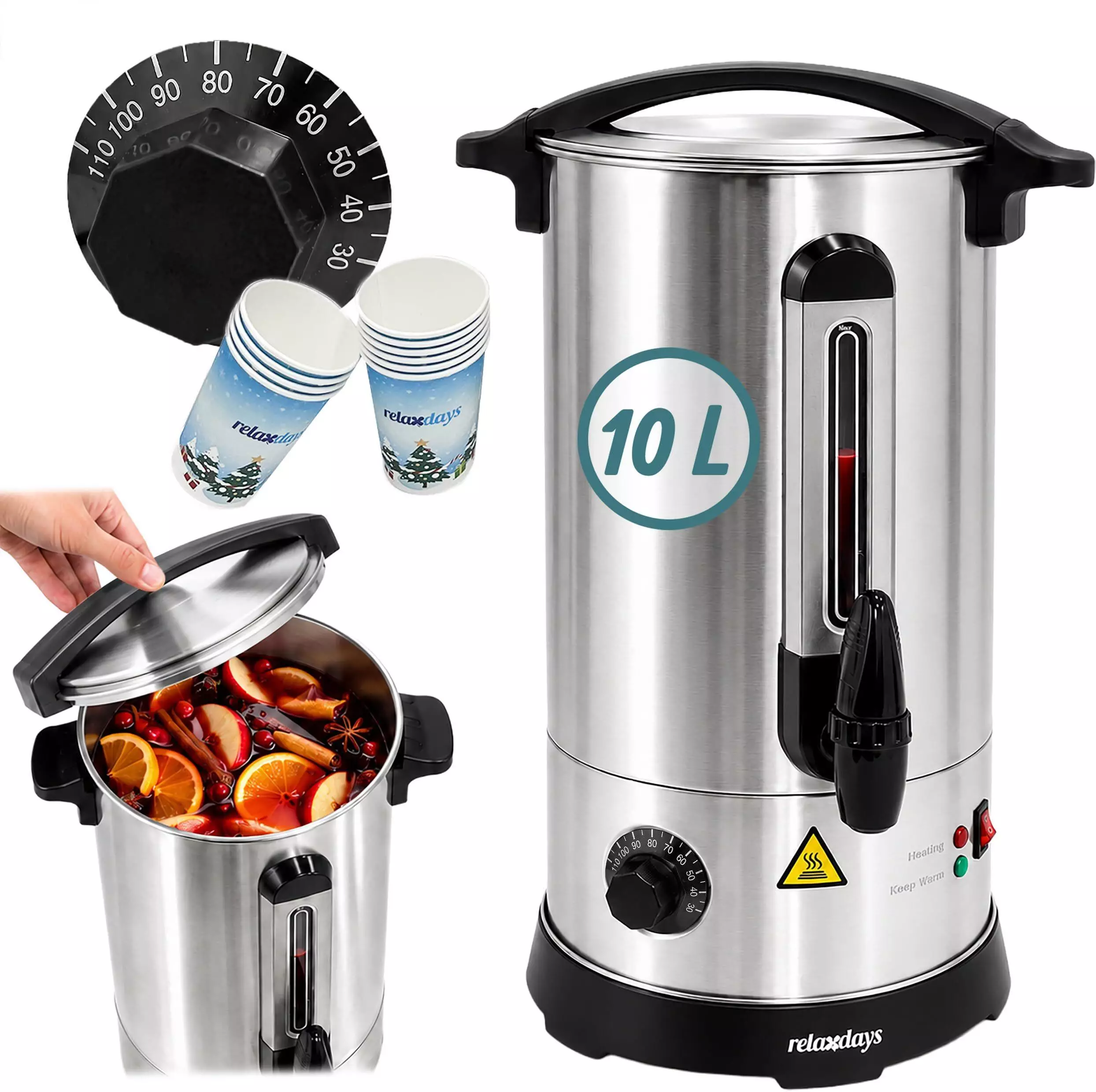 Relaxdays Glühweinkocher 10l, 30–110°C, Edelstahl, mit Zapfhahn (10054270_671) Glühweinkocher ab 48,99€
