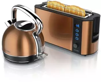 Arendo Frühstücks-Set Wasserkocher 1,7l 2-Scheiben Langschlitz Toaster kupfer (2-tlg)