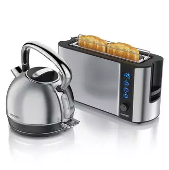 Arendo Frühstücks-Set Langschlitztoaster & Wasserkocher 1,7l, Edelstahl, silber (307421)