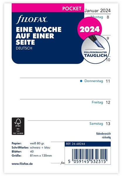 Filofax Pocket Kalendereinlage 2024 1 Woche auf 1 Seite Weiß Deutsch